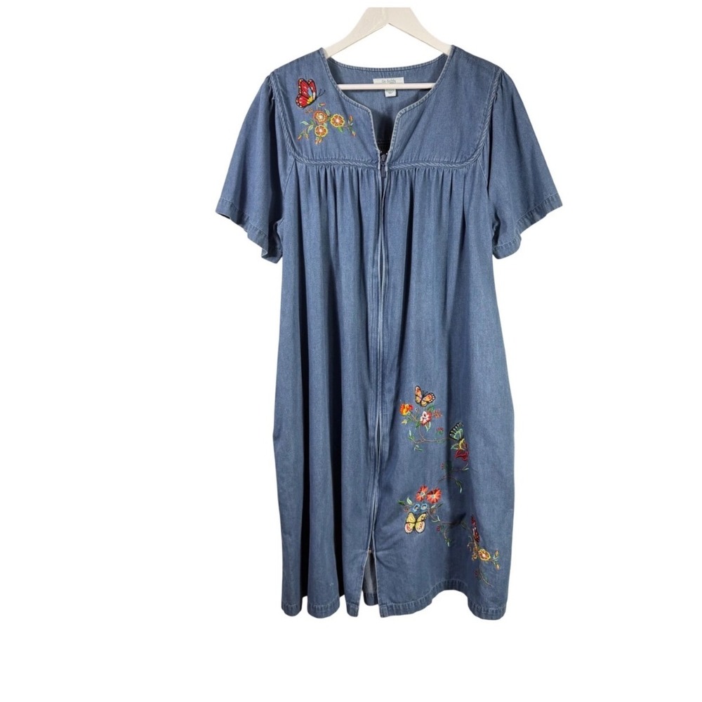 Go Softly Patio Denim Lounger Dress Womens L Blue Butterfly Floral Embroidered